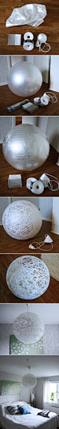 To make your own lamp, just four things:Pilates Ball,Wallpaper glue,Paper Cords (approx. 200 meters),Lamp  What to do:Wrap the pilates ball in plain plastic sheets.Mix paste according to package. Dip string in glue, wrap until you are satisfied. Remember 