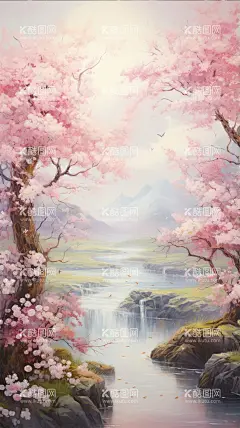 桃花源  - 源文件下载【酷图网】AI,插画,插图,壁纸,头像,背景,彩绘,色彩,画报,景物,虚拟,梦幻,美景,风景,风光,花,粉,桃花,杏花,樱花,小花,柔光,明亮,花朵,花瓣,粉花,水,小溪,溪流,鲜花,山涧,瀑布,草地,桃花源