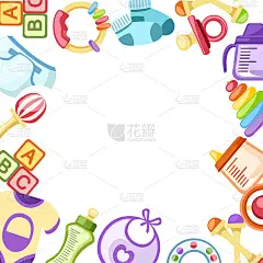 小图标模式。婴儿玩具、奶瓶和奶嘴符号。为新生儿收集模板元素。平面矢量插图上的白色背景