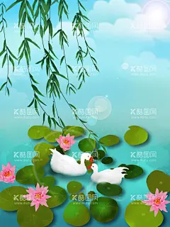 手绘插画夏天的荷塘  - 源文件下载【酷图网】手绘,插画,夏天,荷花,荷叶,柳枝,鹅