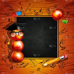 回学校!一个戴着毕业帽的苹果，黑板和课桌的背景上有手绘图。创意海报或横幅。