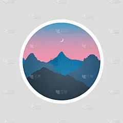 山景观剪影在黄昏时间与夜空和月亮的背景圈贴纸或标志设计。矢量插图。