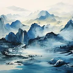 古风建筑人物山水树木素材图片