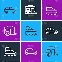 设置线汽车，邮轮和房车露营拖车图标。向量