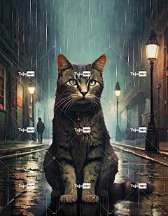 Ai产生的 雨 猫 夜晚 街道 城市 路 灯 晚上 路灯
