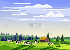美丽的乡村夏季景观, 奶牛群山谷农村农舍, 绿色的丘陵, 明亮的颜色蓝色天空, 草地与山脉全景地平线