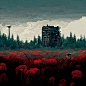 a tall building sitting in the middle of a forest filled with red flowers