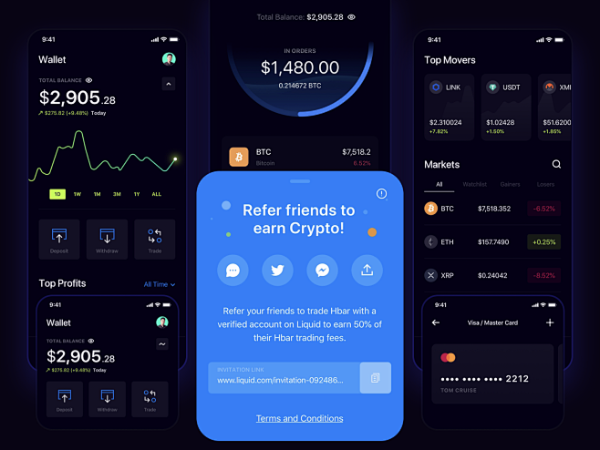 Cryptocurrency Mobile App trade payment card portfolio dashboad sell b