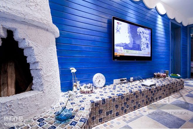 地中海风格蓝色电视背景墙装修设计图_土巴...