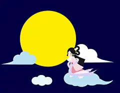 点击来源直接获取大图文件 |卡通嫦娥飞向云端之上的月亮。亚洲中秋佳节的童话故事。平面设计壁纸，矢量，插图，EPS10
