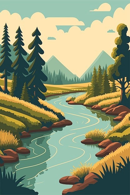 河流小溪湖泊山自然景观风景插画矢量图设计...