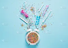 生日,时间,概念,蓝色,闹钟,蜡笔画,可爱的,周年纪念,贺卡,柔和色