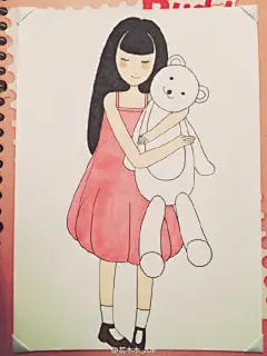 抱着玩具熊的女孩简笔插画图片 马克笔简单温暖的女孩手绘教程画法_www.youyix.com
