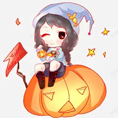 手绘万圣节南瓜灯上的女巫插画 创意素材