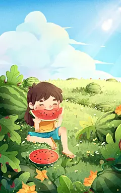 在西瓜地里中吃西瓜的小女孩图片下载