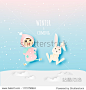 cute child with rabbit in paper art style and winter background vector illustration