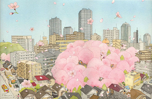 城市飘散的樱花。很像粉红色的棉花糖