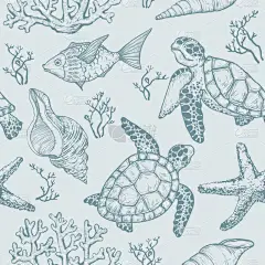 与海贝壳, 鱼, 珊瑚和海龟素描无缝图案。手绘矢量图.