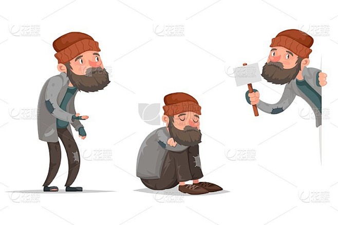 卡通流浪汉角色设置矢量插图