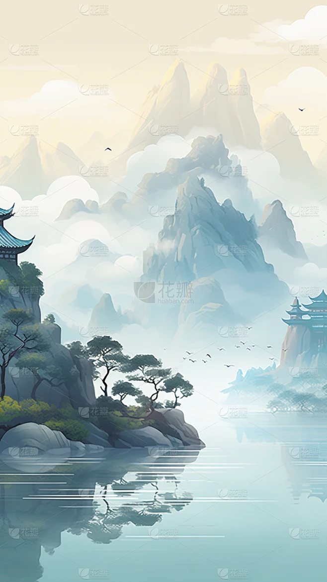 背景通用中国风青绿色山水插画场景背景图片素材素材-花瓣网