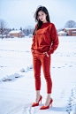  Full-body photos of a girl, red sweater, bare long legs, high heels, winter, realism, HD 16K, snow, winter, 1girl,high_heels,underwear