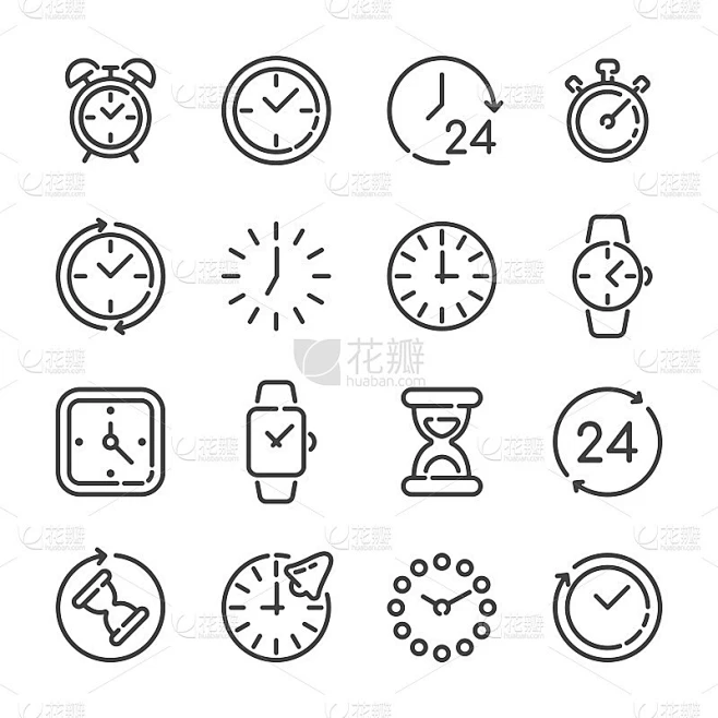 Set of clocks or time outline icons. Vector illust素材-花瓣网