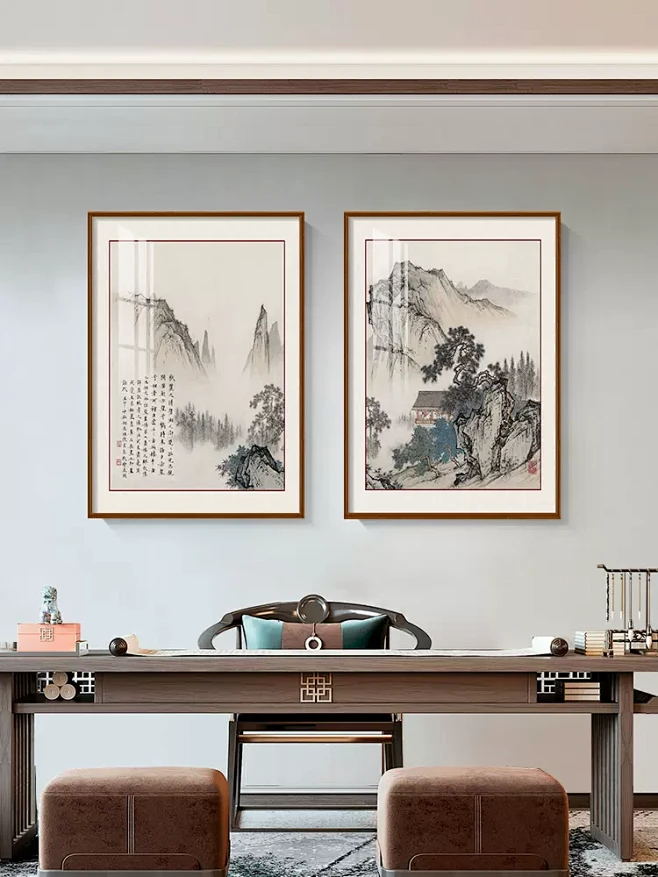 国画山水画茶室挂画新中式客厅装饰画双联组合壁画餐厅背景墙画方-tmall.com天猫-花瓣网