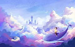 儿童节插画手绘唯美梦幻云彩云海鲸鱼孩子城堡海洋动物天空