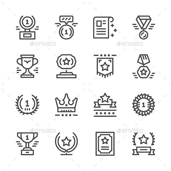 奖项的设置行图标——抽象的图标Set Line Icons of Award - Abstract Icons成就,奖励、徽章、最佳、竞争、杯 ...