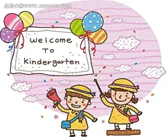 卡通画—云朵下的气球条幅和男女学生卡通画|卡通人物|卡通人物图片|漫画人物|男女学生|气球|人物素材|人物图片|矢量人物|条幅|云朵