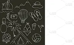 黑白插画，主题为暑假、旅游、娱乐