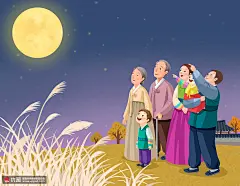 圆月当空 全家赏月 中秋时节 旅游插图插画PSD tid317t000021 旅游出行 亲子旅游