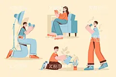 手绘扁平人的爱好兴趣听歌  - 源文件下载【酷图网】插画,手绘,手绘插画,扁平插画,爱好,兴趣,喜欢的事,摄影,拍照,摄影师,看书,读书,在家看书,浇花,种植,打扫卫生,唱歌,歌唱,音乐,听歌,设计,动漫动画,动漫人物,AI