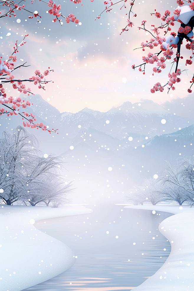 大雪节气海报背景，梅花，冰面，雪山，AI...