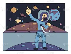 在彗星和行星前面的太空歌手。引导穿越宇宙。未来的职业。漫画矢量插图。