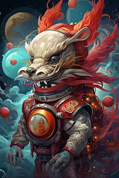 龙宇航员手绘国潮风插画