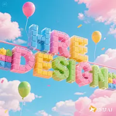 jimeng-2025-06-06-8341-3D立体的“HRE DESIGN”文字，每个字母由彩色的积木或方块组成，颜色包括
