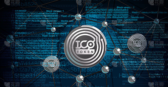 区块链技术，ICO token矢量插图。首次硬币发行。它启动集资”。非常适合社交媒体，博客，传单，展