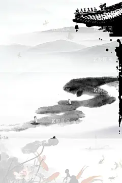 古风水墨荷花  - 源文件下载【酷图网】古风,水墨画,风景图,复古,山水画,背景墙,荷花