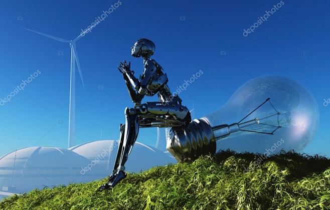 机器人和灯泡在草地上