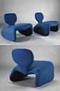 Pair of vintage Djinn chairs designed by Olivier Mourgue in the 60s for Airborne. Metal structure lined with foam and covered with blue fabric from Kvadrat. Steel skates.