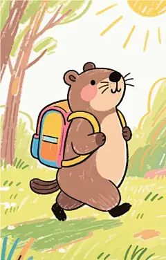 卡通小动物背书包去上学插画