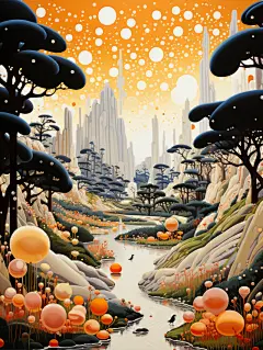 富有想象力的奇幻风景插画海报金黄色蘑菇