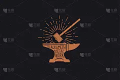 Hand-drawn hammer and anvil in the rays of light.