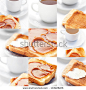 collage of tea and toast with caramel,toast with butter - stock photo