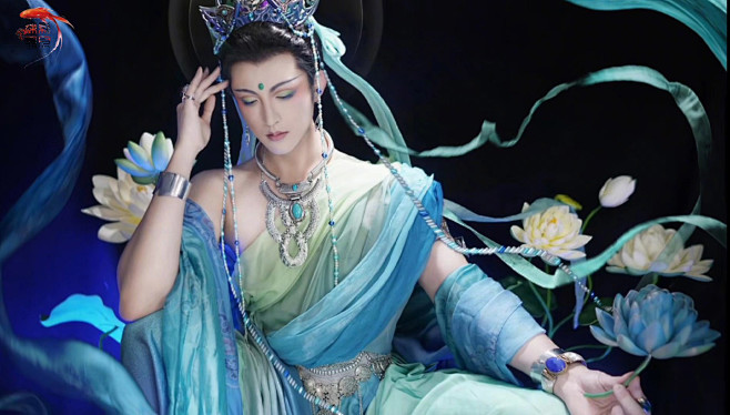 美男菩萨敦煌神佛蓝衣白衣男白衣真美 李孟羲cos莲花高冠流苏飘带