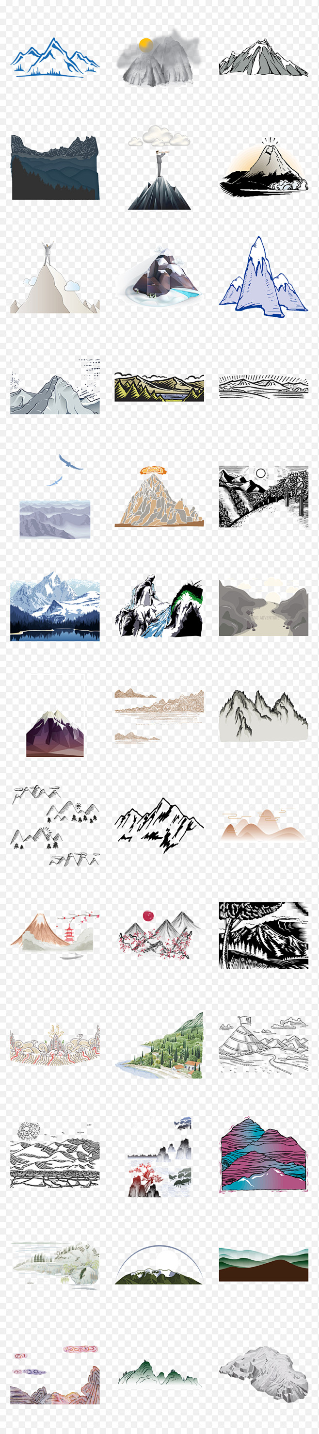 群山雪山水墨山水远山山脉山峰手绘卡通透明...
