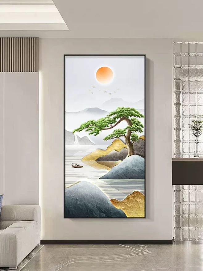 新中式玄关装饰画迎客松入户走廊过道挂画大气寓意好进门竖版壁画-tmall.com天猫-花瓣网