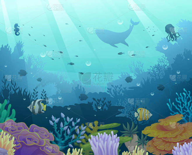 海底海洋生物图解。以海洋动物和珊瑚礁为背景的海底世界