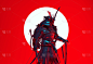 银色日本武士网络朋克武士多边形形式与大白色球体太阳红色背景未来剪影